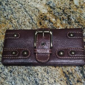Isabella Fiore Women's Brown Leather Studded Buckle Card Holder Wallet Clutch